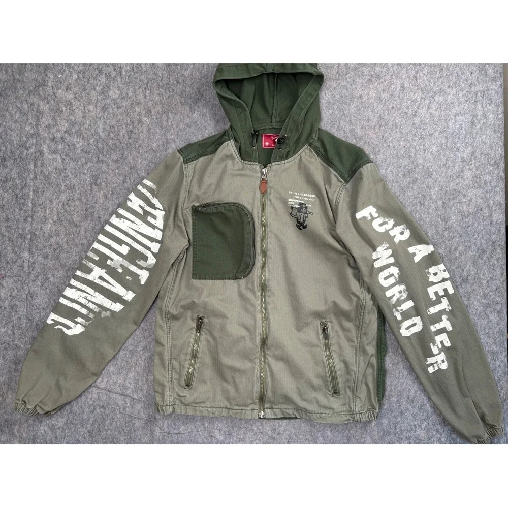 Strivers Row Mens Full Zip Hooded Jacket Green Herringbone Graphic Size M